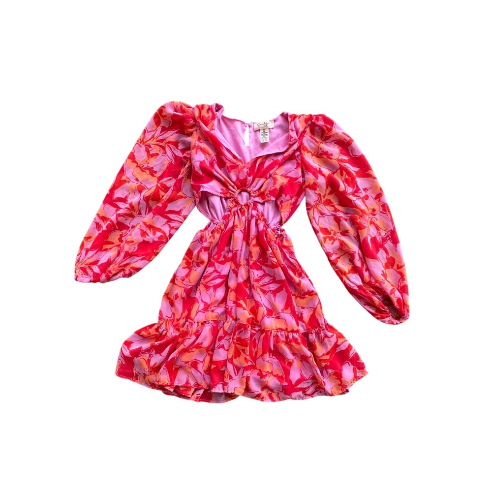 Jessica Simpson Floral Cut-Out Mini Dress Pink Red Orange O-Ring Size XS J363